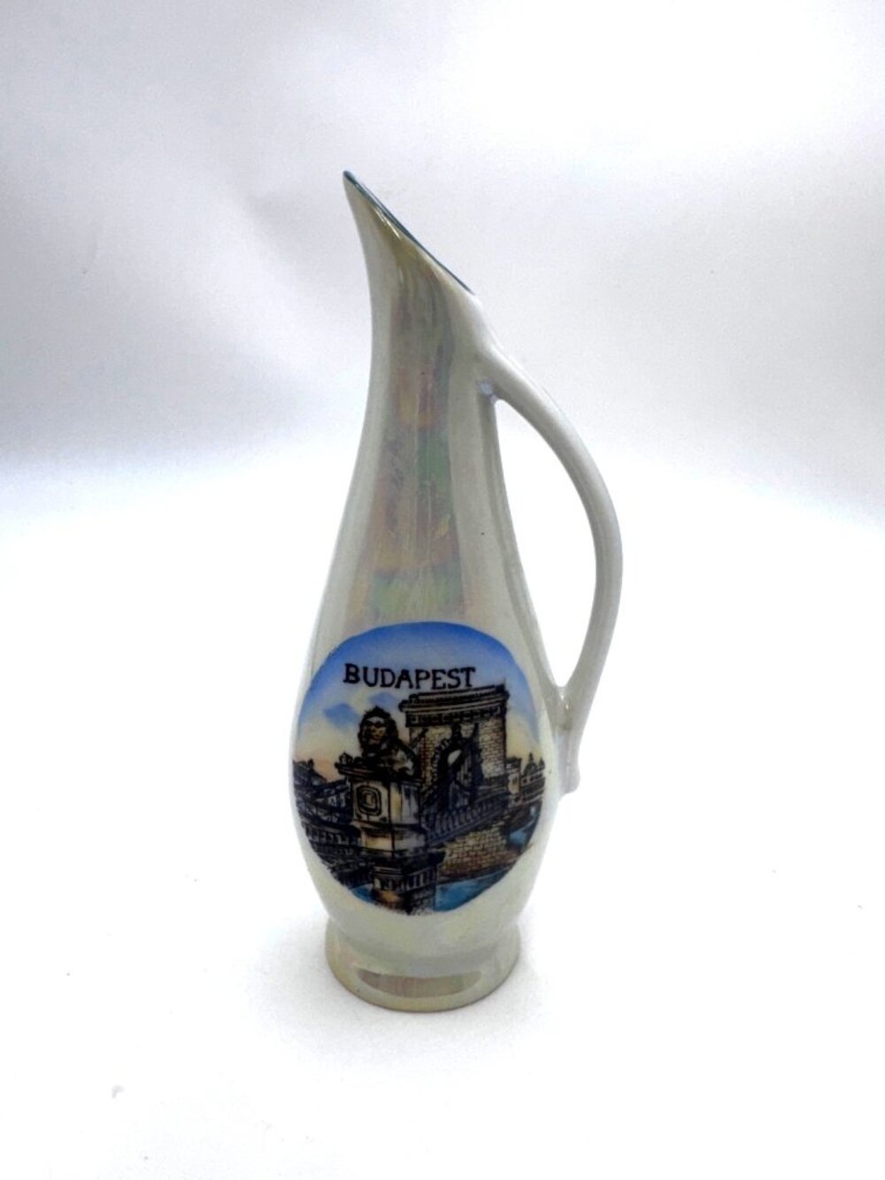 Vintage Unterweissbach Budapest Souvenir Porcelain Pitcher Iridescent Finish GDR